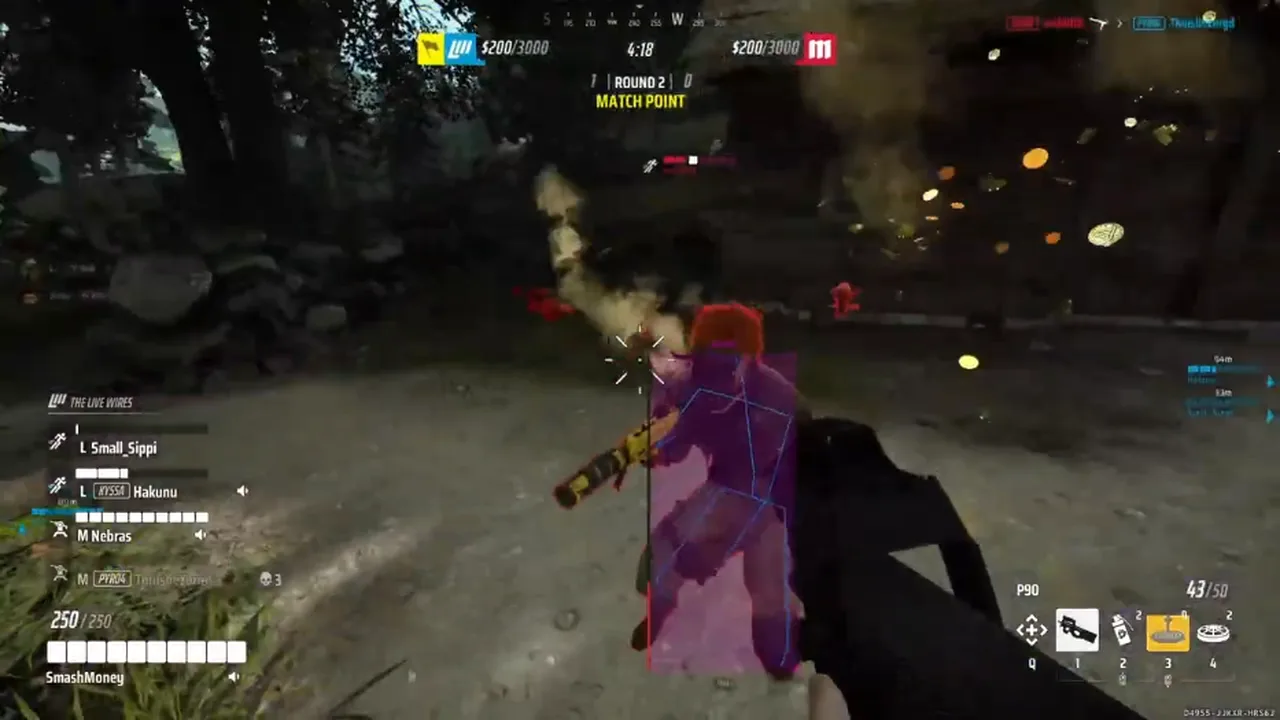 THE FINALS Easy Anti-Cheat Status THE FINALS outdoor firefight with ESP wallhack purple player box and blue skeleton overlay on an enemy.