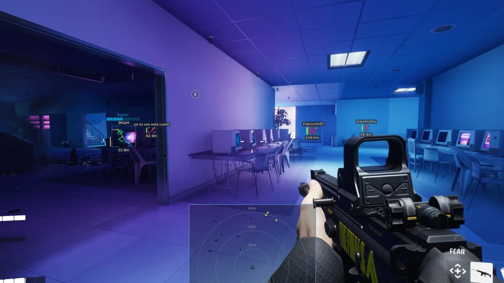 THE FINALS blue office map with FCAR, skeleton ESP boxes, player distances and bottom radar hack overlay.