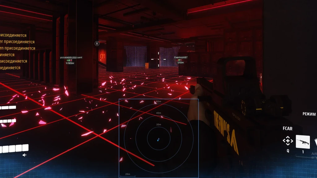 The Finals Hack Hotkeys THE FINALS basement map with red floor grid, distant ESP name tags and blue circular radar hack rings at 20–60m.